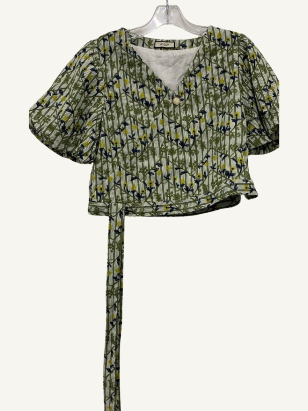 KUOSE Striped Floral Embroidered Puff Sleeve Crop Blouse Tie Front Size Large - Picture 3 of 7